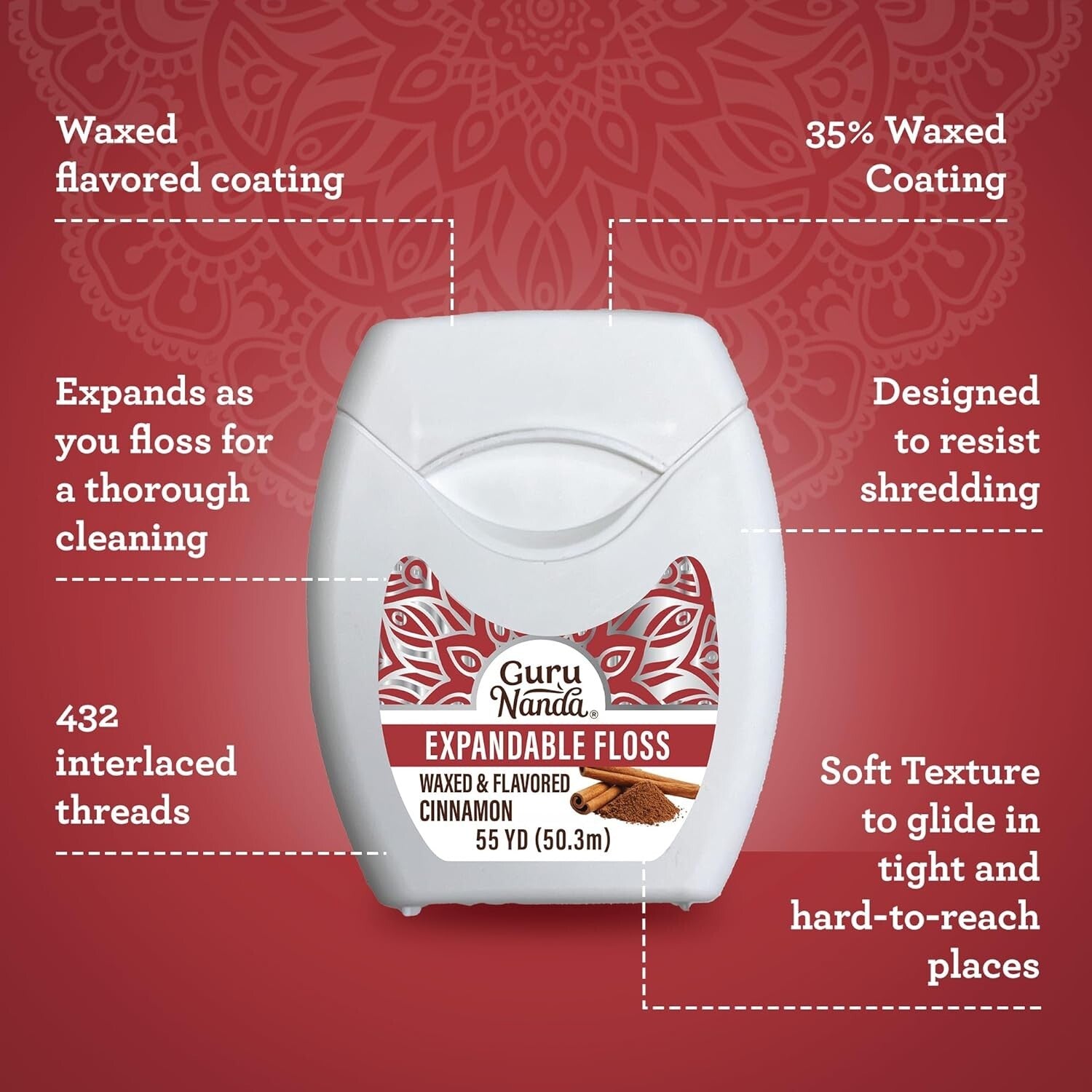 Gurunanda Expandable Waxed Dental Floss for Gentle, Deep Cleaning Wide Teeth Fl