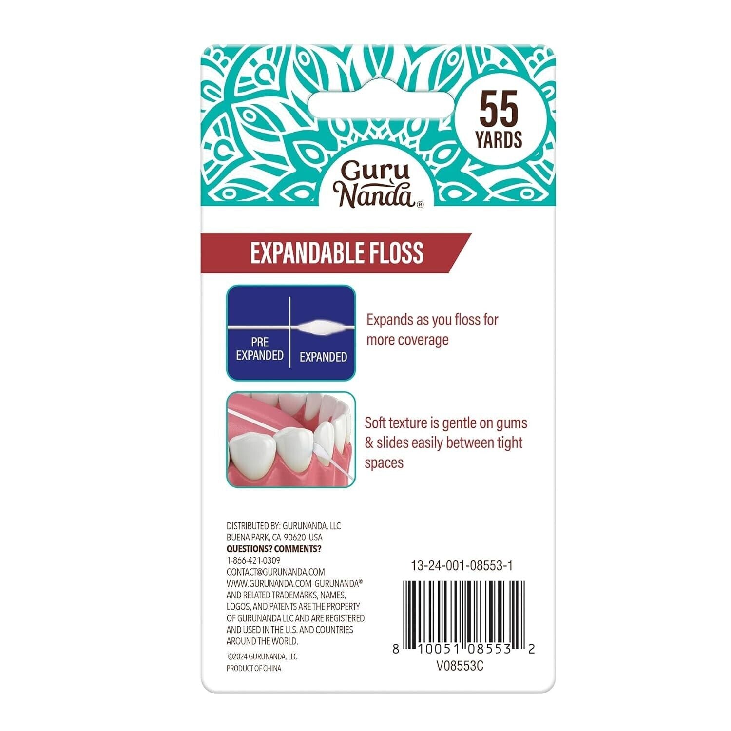Gurunanda Expandable Waxed Dental Floss for Gentle, Deep Cleaning Wide Teeth Fl